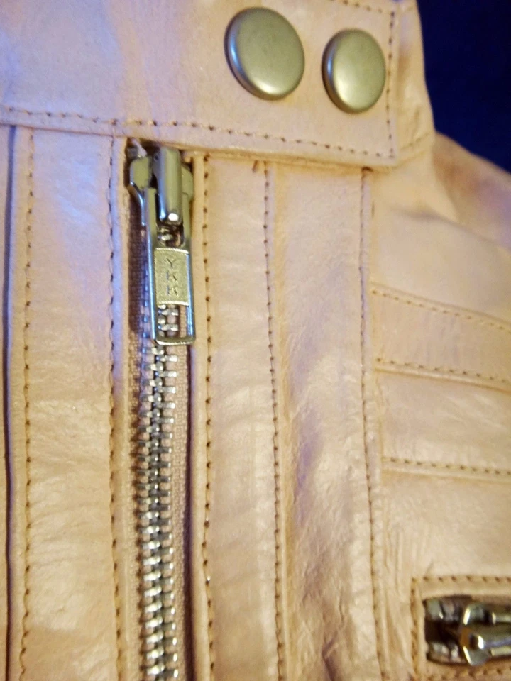 Chaqueta motera de cuero ROSA pequeña nueva cafetería motocicleta scooter carreras rayas Foto 4 de 4