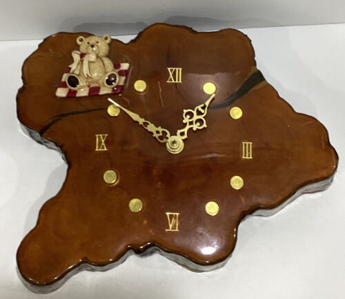 Vintage Retro Edge Wall Clock Wood Tree Slab Rustic Charm Teddy Bear Kids Room - Picture 9 of 10