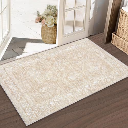 Moroccan Washable Non-Slip 2x3 Beige Distressed Entryway Rug