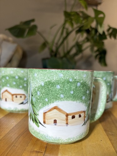 The Cellar Italy LOG CABIN Hand Painted 4 Coffee Hot Chocolate Tea Mugs 1995 - Picture 5 of 8