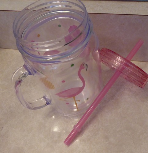 PINK FLAMINGO MUG Straw Florida Goblet Plastic Mason Jar Pool Friendly Luau - Picture 5 of 6