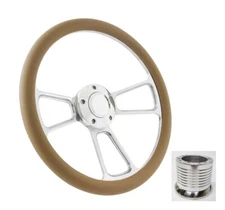 14" Polished Billet Steering Wheel w/ Tan Wrap, Plain Horn Button & A17 Adapter