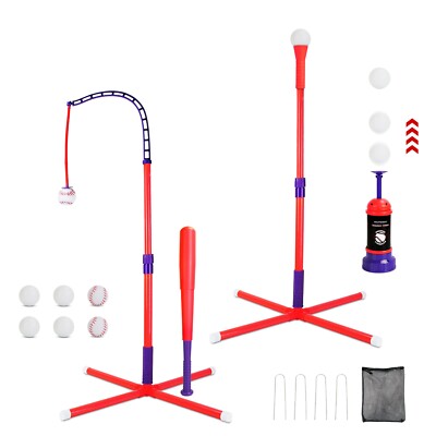 3In1 Kids Baseball Toy Set w/ Tee Ball Stand Hanging Tee Automatic Ball Launcher