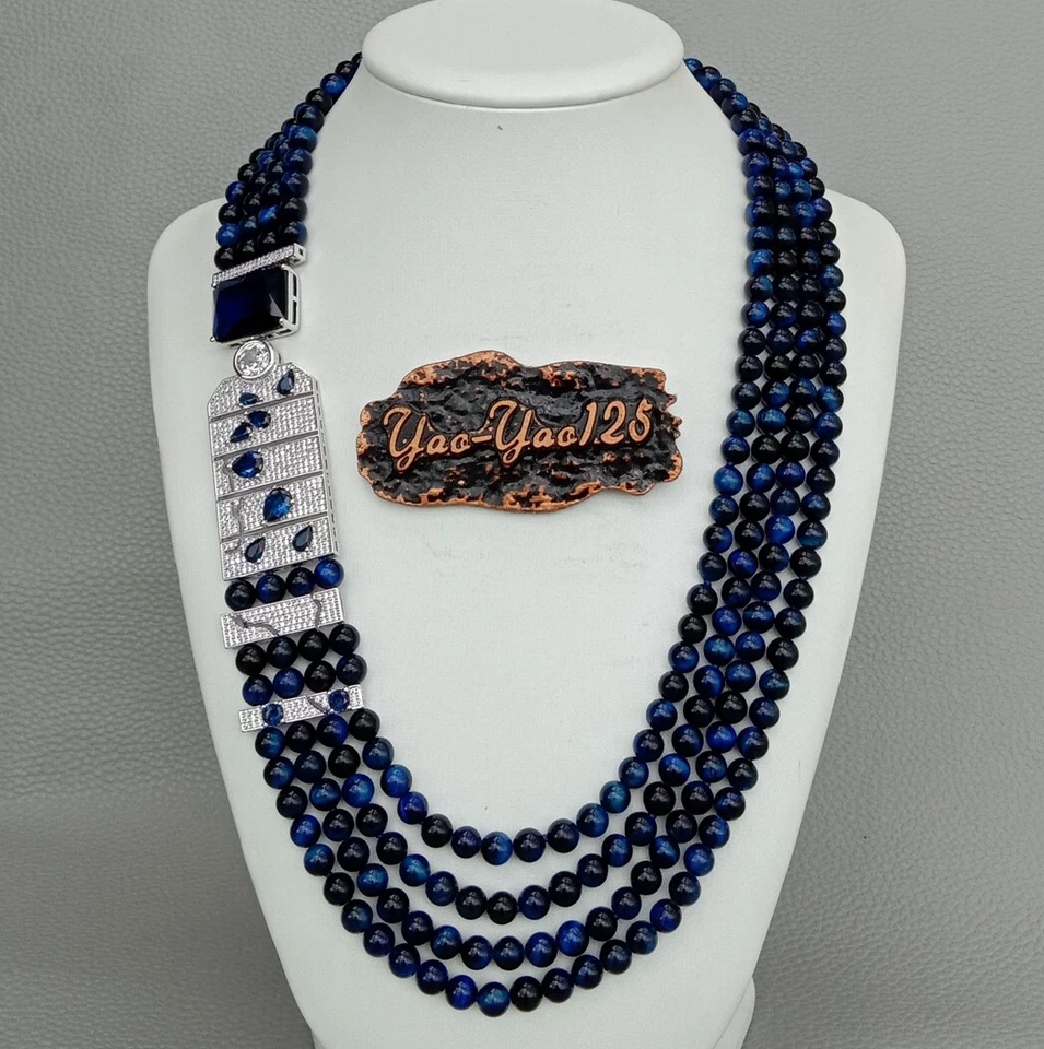 Round Blue Tiger's-Eye Necklace CZ Pave Connector 20" - Imagem 2 de 4