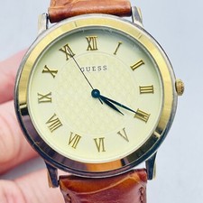 GUESS Quartz Wristwatch Brown Croc Embossed Band Gold Tone Face READ