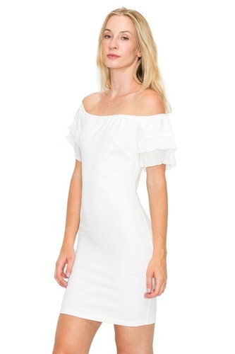 Off Shoulder Mini Dress Bodycon 2-Layer Ruffle Sleeve LD2249 - Picture 7 of 11