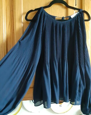 Caren Forbes S-M Women s Navy Top Long Sleeve Open Shoulder Blouse Career Party