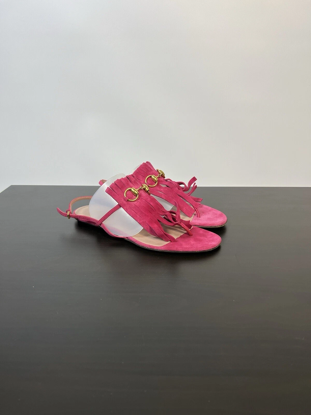 Sandales femme Gucci frangées Horsebit daim chaussures cuir rose pointure 39