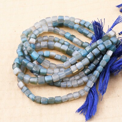 Natural Shaded Blue Chalcedony Cube Shape Beads Faceted 3D Box Beads 8inch  long