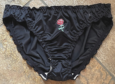 224 Rose on Black Lrg Buttery Soft  Second Skin SATIN Ruffle Bikini Panty #SR70