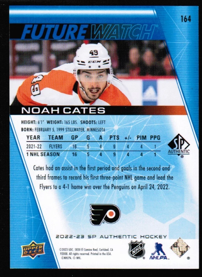 2022-23 UD SP Authentic Future Watch #164 Noah Cates Blue Rookie Rc /399 - Image 2 of 2