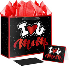 12.6" Large Mother'S Day Gift Bag with Card and Tissue Papers Black Red 