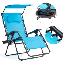 Folding Recliner Zero Gravity Lounge Chair W/ Shade Canopy Cup Holder Blue