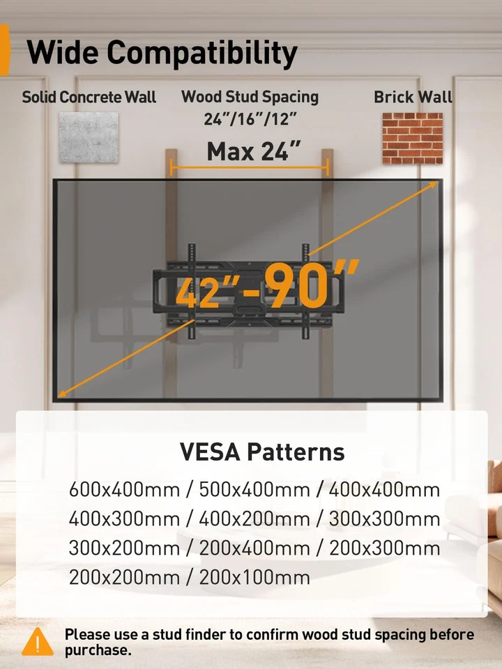 Soporte de pared para TV de movimiento completo listado por UL para televisores de 42-90 pulgadas de hasta 150 libras, pre-aslo... Foto 2 de 4