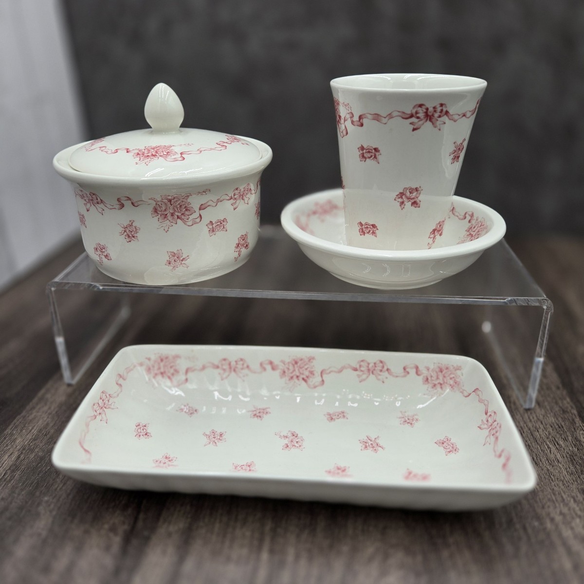 LAURA ASHLEY Vintage 4pc Vanity Set Ribbons Pink White Cottage 