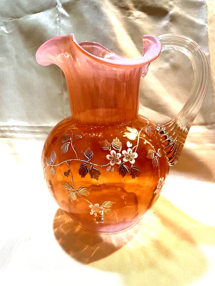 Jarra de vidrio arte floral pintada a mano Loetz Makart bohemia temprana y 6 vasos Foto 2 de 4