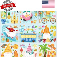 93Pcs Summer Window Clings, Double Sided Beach Hawaii Gnomes Summer Window De...