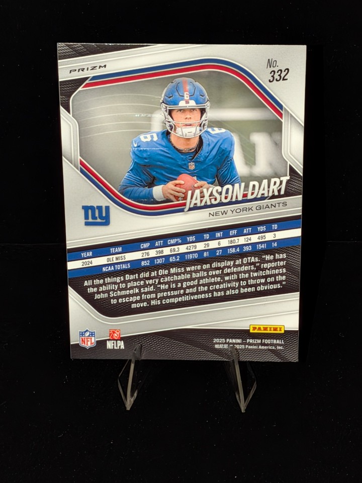 2025 Panini Prizm Disco Prizm Rookie Jaxson Dart 332 New York Giants 2025-panini-prizm-disco-prizm-rookie-jaxson-dart-332-new-york-giants