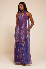 Lulus Calixta Purple Abstract Chiffon Sash Shift Maxi Dress