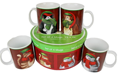 Set of  4 Casa Moda Cuddly Kitties Ceramic Coffee Mugs  by Diane Arthurs - NIB