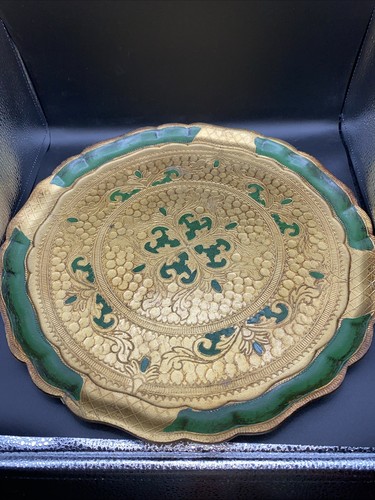 Stunning Vintage Green Florentine Italy Italian Tray Platter Green Gold 15”