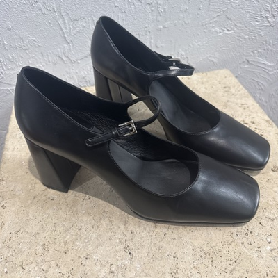 #ad Jeffrey Campbell Bourdin Mary Jane Pump Block Heels Women’s Black Leather Sz 11 $50.99
