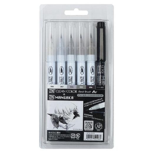 Kuretake ZIG Clean Color Real Brush & Cartoonist Mangaka Pens Set 6pcs