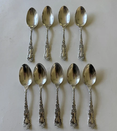 Set of 9 Gorham Strasbourg Sterling Silver Teaspoons 1889 Monogrammed
