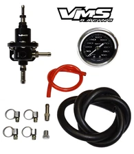 VMS RACING UNIVERSAL ADJUSTABLE FUEL PRESSURE REGULATOR GAUGE KIT  1:1 RATIO BLK