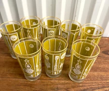 Set of 8 - 22k Gold Rim Mustard & White Print 10oz Highball Cocktail Glasses MCM