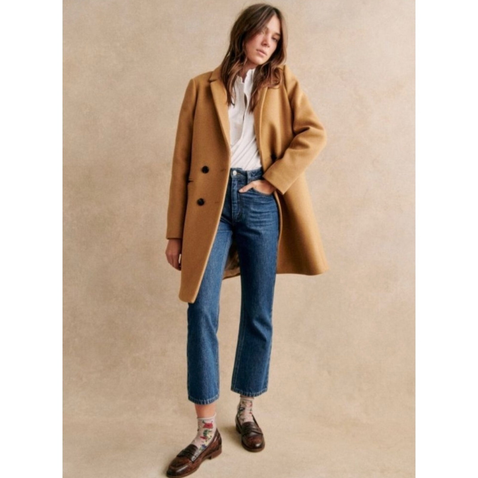 Sezane MANTEAU JOHNSON coat wool brown camel SZ38 us6 bust38