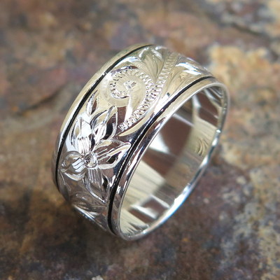 Hawaiian 925K Silver Scroll Black Border Jewelry Wedding Ring Band 10mm SR1176