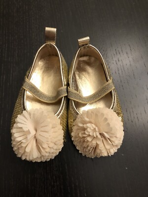 NEW Biscotti Gold Sequins Pom Pom Holiday Baby Girl Dressy Shoes 9-12 Mo Size 4