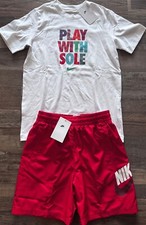 NWT Nike Boys YLG Red/White/MultiColor PLAY WITH SOLE Dri-Fit Shorts Set Large