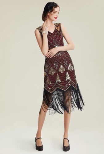 BABEYOND WOMEN’S FLAPPER DRESS SZ SMALL Wine Red & Gold 1920s GREAT GATSBY PARTY
