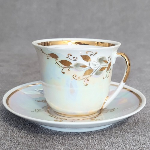 Vtg Fenix Calla Lily 3D Demitasse Teacup And Saucer Gold Edged Irredescent - Picture 5 of 12