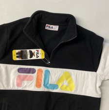 FILA Women's Fleece 1/4 Quarter Zip Pullover SMALL Pockets BLACK WHITE Yellow