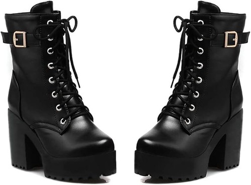 EU36 Plateau Stiefeletten Schnüren Blockabsatz High Heels Ankle Boots m Schnalle - Bild 2 von 5