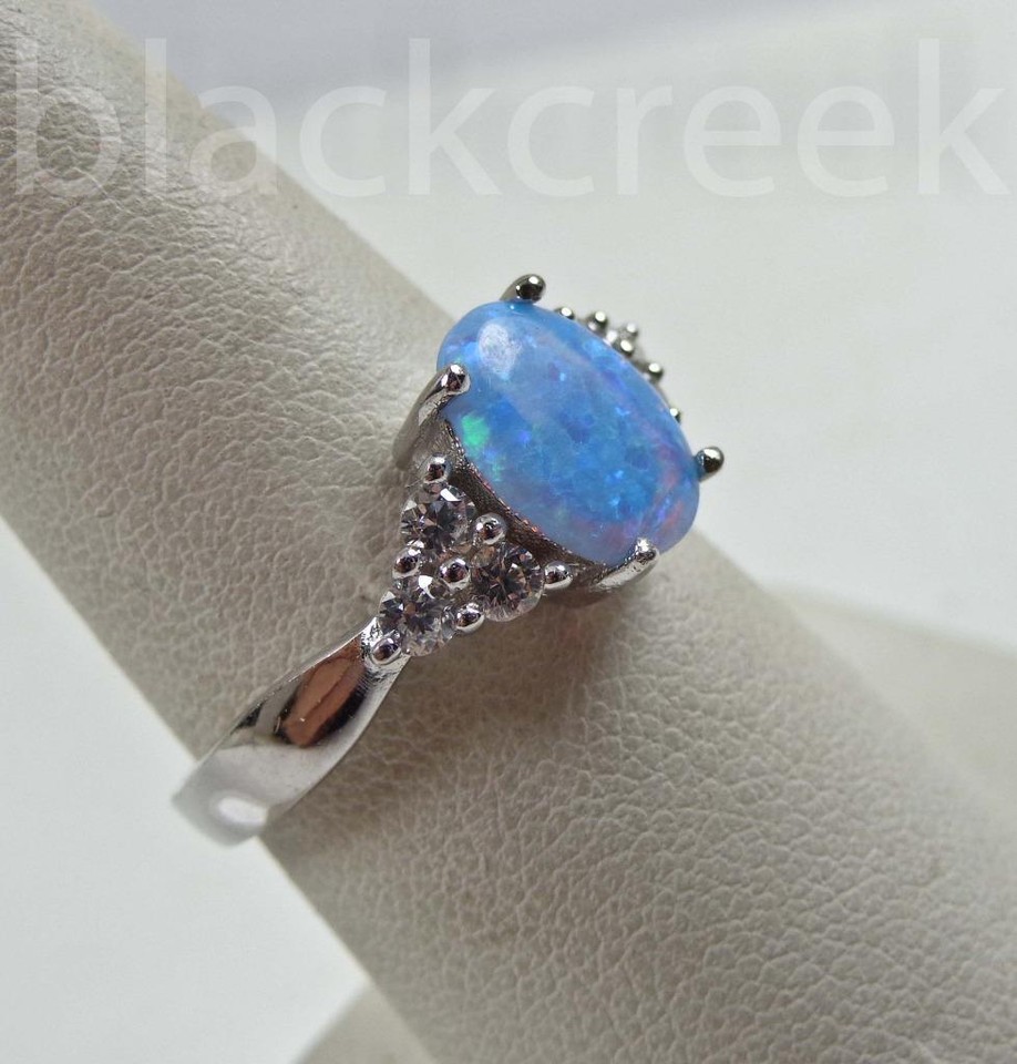 •OWYHEE BLUE OPAL - ROUND• simple band silver ring (size 8)