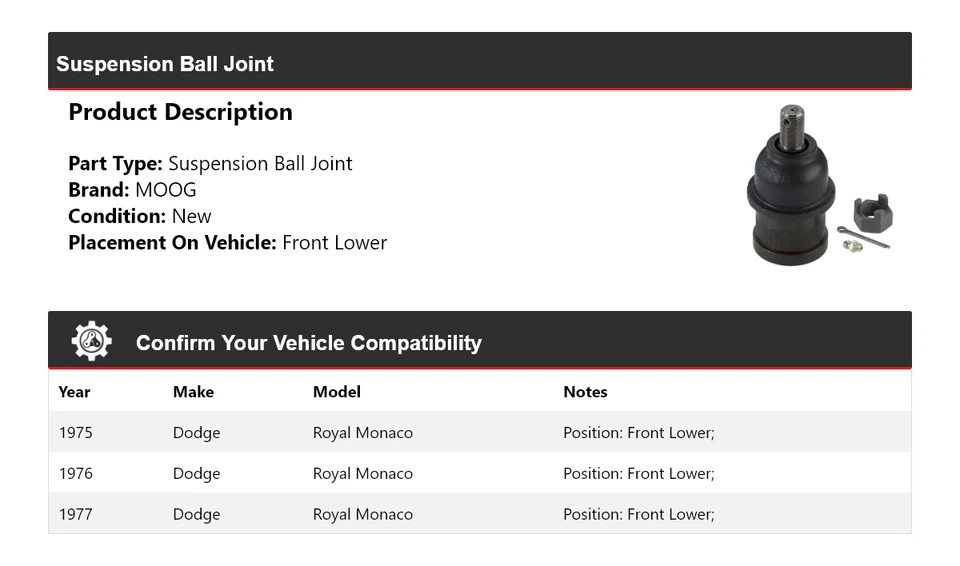 Передний нижний шарнир подвески для Dodge Royal Monaco 1975-1977 годов выпуска MOOG 1975 - Изображение 2 из 4