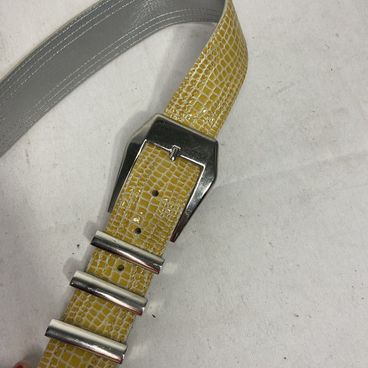 PER SE wide Silver buckle Leather Croc Print Belt yellow  display picture 3