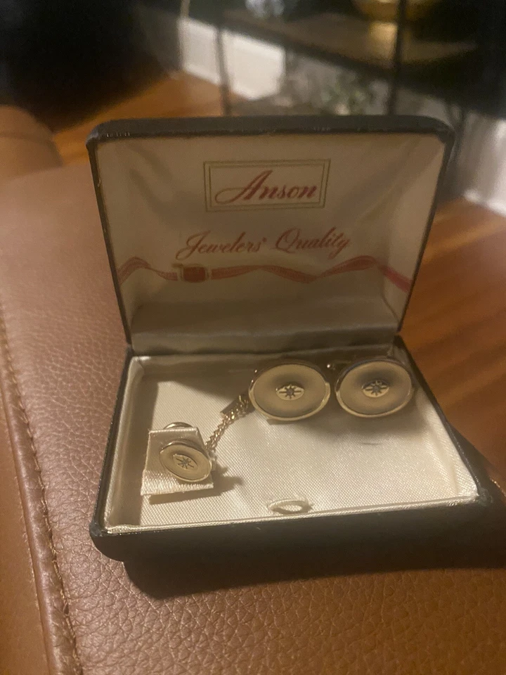 White Rhinestone Silver Tone Vintage ANSON Cuff Links Tie Tack set plain simple Foto 2 de 3