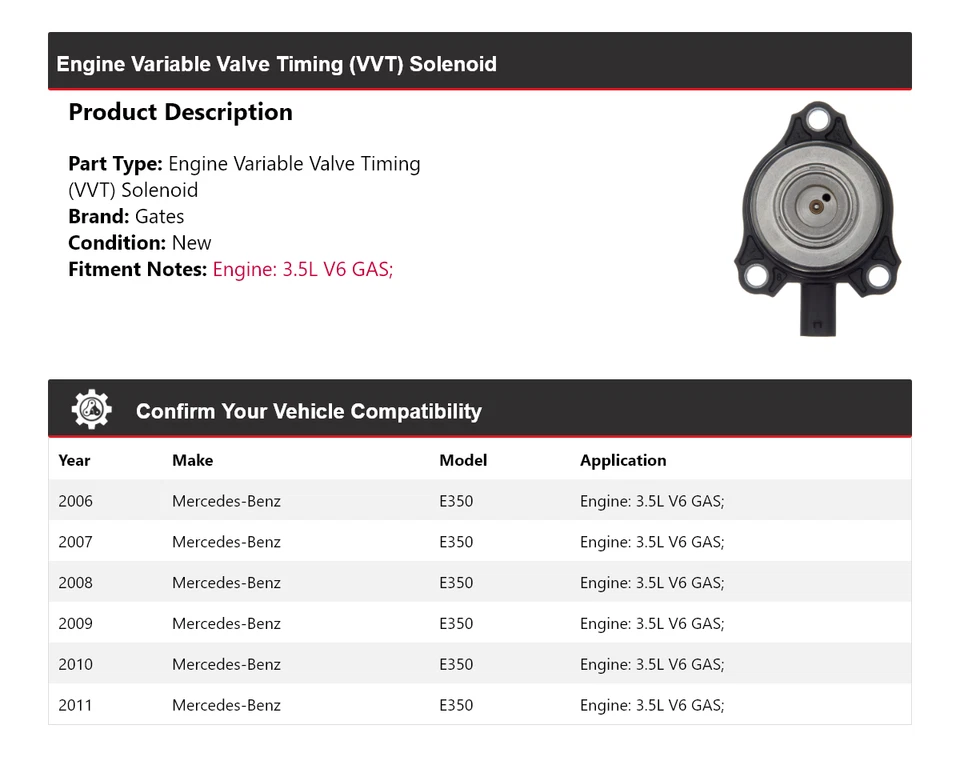 For 2006-2011 Mercedes-Benz E350 3.5L V6 GAS Engine VVT Solenoid Gates 2007 2008 - Image 2 of 4