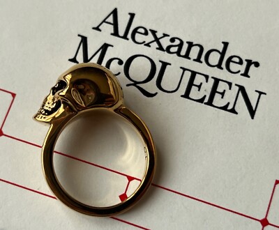 NIB Alexander McQueen Iconic Skull Logo 3D Sideways Gold Brass
