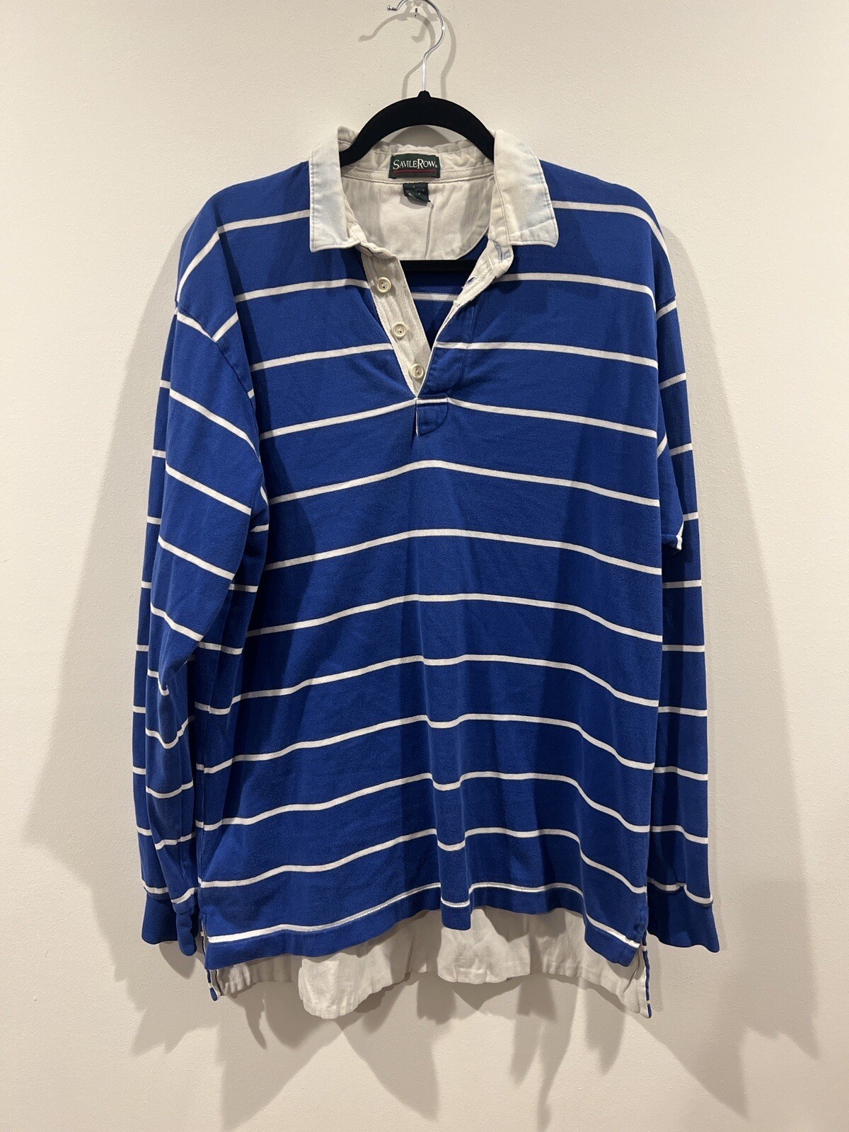 FILA Polo rugby vintage Savile Row blu a righe grande anni 90