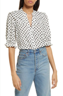AWARE by VERO MODA Women's Cornelia Polka Dot V-Neck Blouse Top Sz L White/Black