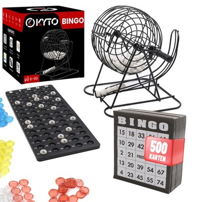 Kyto Bingo Spiel Metalltrommel, RIESEN SET mit 500 Bingokarten, Spielbrett