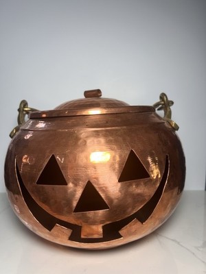 VTG Hammered Copper Brass Handle Jack O Lantern Halloween Pumpkin Pot Heavy 