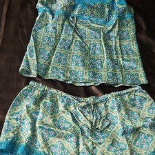 Victoria's Secret Silk Floral Lace Camisole Set Blue Green Women M L Vtg