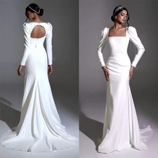 Simple Mermaid Square Neck Satin Wedding Dress Long Sleeve Backless Bridal Gown